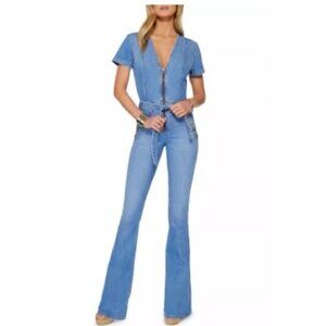 Ramy Brook Helena Denim Jumpsuit Light Wash Short Sleeve Zip Wide Leg Size 24